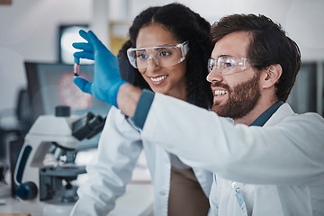 Image showing Teamwork, collaboration or blood test tube in laboratory research success, dna engineering innovation or medical vaccine. Smile, happy man or black woman with scientist sample for pharmacy medicine