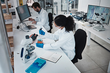 Image showing Technology, teamwork or collaboration in laboratory research, dropper test or dna science engineering in top view. Black woman, man or scientist in medical study, sample pipette or pharmacy medicine