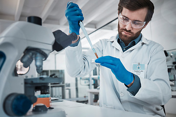 Image showing Man working in laboratory, study chemical dna in test tube and research scientific technology in Germany. Expert pathology scientist, liquid solution and focus on career in futuristic science