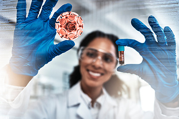 Image showing Science, blood test and scientist doing research on dna for medical innovation, vaccine or cure in lab. Scientific, pharmaceutical and woman pathology researcher analyzing rna and virus in laboratory