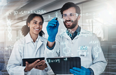 Image showing Science, man and woman with glass, researchers and clipboard for data analysis, experiment and brainstorming. Research, happy male scientist and female employee with analytics, share ideas or writing