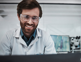 Image showing Man, technology or laboratory glasses safety for science research, medical analytics or bacteria vaccine study. Smile, happy or scientist in pharmacy innovation, future dna engineering or healthcare