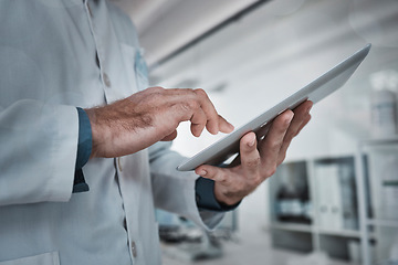 Image showing Science, research and hands of man with tablet in laboratory, internet search and medical test data. Healthcare, pharmaceutical innovation and scientist with technology and checking results online.