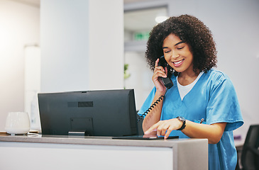 Image showing Nurse, phone call and tablet of black woman at hospital with a smile. Clinic doctor, healthcare worker and networking of a young person happy about work conversation and health insurance talk