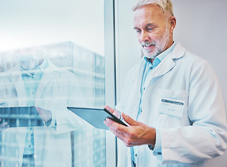 Image showing Tablet, doctor and medical professional doing online health or telehealth connected to internet, web or wifi in an office building. GP, senior and elderly healthcare worker working by window typing