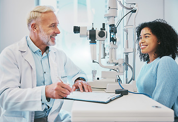 Image showing Eye exam, consulting and smile with doctor and black woman for healthcare, ophthalmology and medical. Glaucoma, laser and wellness with patient and optometrist in clinic for vision, checklist or help
