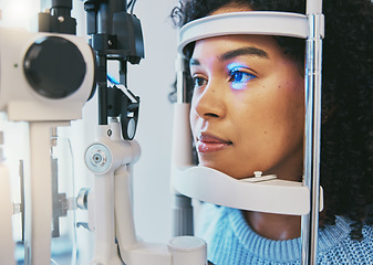 Image showing Ophthalmology, medical and eye exam with black woman and consulting for vision, healthcare and glaucoma check. Laser, light and innovation with face of patient and machine for scanning and optometry