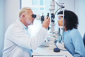 Image showing Eye exam, consulting and laser with doctor and black woman for healthcare, ophthalmology and medical. Glaucoma, lens and wellness with patient and optometrist in clinic for vision, checklist and help