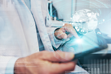 Image showing World graphic, doctor hands and global healthcare hologram on phone for telehealth. Globe overlay, futuristic hospital data and cyber medical analytics of a wellness and health employee with research