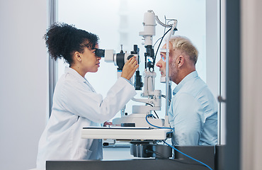 Image showing Vision, eye test and insurance with a doctor woman or optometrist testing the eyes of a man patient in a clinic. Hospital, medical or consulting with a female eyesight specialist and senior male