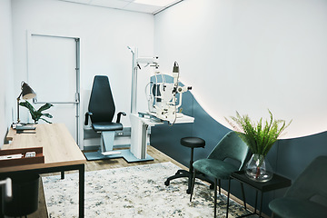 Image showing Medical, ophthalmology and laser in empty room of clinic for eye exam, laser and consulting. Healthcare, technology and interior design with nobody and machine in office for optometry and medicine