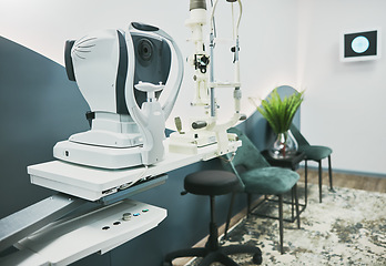 Image showing Machine, ophthalmology and laser in empty room of clinic for eye exam, laser and consulting. Healthcare, technology and interior with nobody in medical office for optometry, medicine and appointment