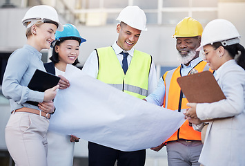 Image showing Architect, building and construction team with blueprint in planning strategy, meeting or project layout on site. Group of diverse engineers or contractors discussing floor plan for city architecture