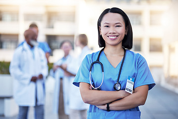 Image showing Happy asian doctor or woman in portrait for hospital leadership, internship opportunity or career integrity. Face of proud healthcare worker, nurse or person for medical services goals and mission