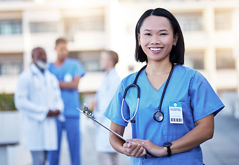 Image showing Checklist, portrait and happy doctor or woman with hospital leadership, workflow management and surgeon schedule. Face of healthcare worker, nurse or asian person for medical services and paperwork