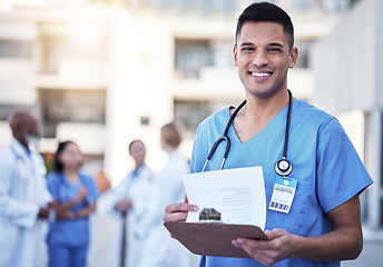 Image showing Checklist, portrait and happy doctor or man with hospital leadership, workflow management and surgeon schedule. Face of healthcare worker, nurse or young person with medical services and paperwork