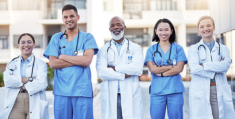 Image showing Diversity, proud and doctors portrait in healthcare service, hospital integrity and teamwork or leadership. Group of medical staff, nurses or professional employees, clinic mission or workforce goals