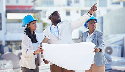 Image showing Architecture, engineering and team with blueprint for planning, building strategy and vision in city. Construction site, property development and people with illustration, design and floor plan