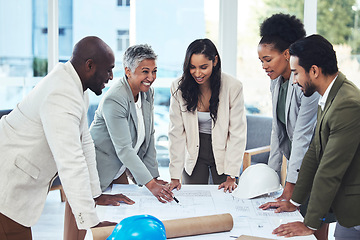 Image showing Architecture, construction and business people with blueprint for planning, building strategy and meeting. Engineering, property development and contractors with illustration, design and floor plan