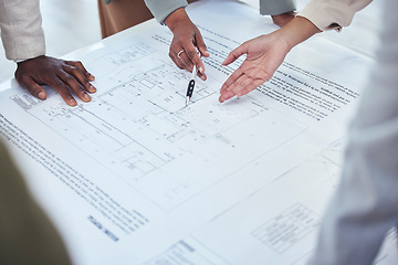 Image showing Architecture, construction team and hands with blueprint for planning, building strategy and estate project. Engineering, property development and contractors with illustration, design and floor plan