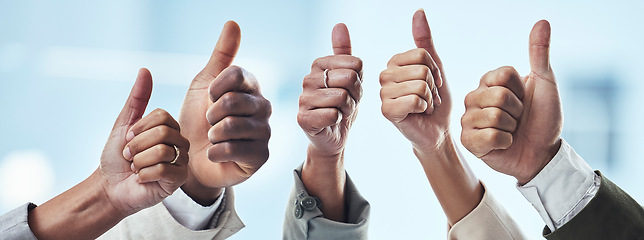 Image showing Hands, people and thumbs up for thank you, good job or success in collaboration, agreement or goals. Hand of group showing thumb emoji for winning, yes or support in trust, teamwork or solidarity