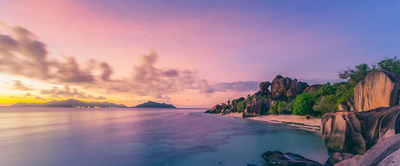 Image showing Dramatic sunset at Anse Source d'Argent beach, La Digue island, Seychelles