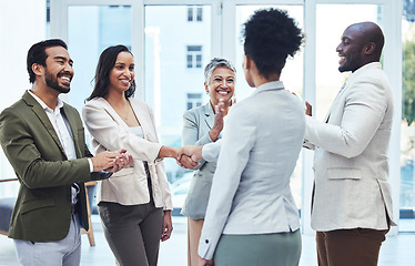 Image showing Handshake, business deal and b2b consulting applause with office management group. Happiness, success and teamwork of corporate leadership shaking hands for contract and thank you hand gesture