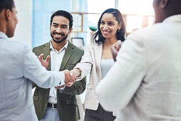 Image showing Handshake, business people and applause from consulting success with office management group. Happiness, hiring and teamwork of leadership shaking hands for contract and thank you hand gesture