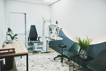 Image showing Healthcare, ophthalmology and laser in empty room of clinic for eye exam, laser and consulting. Medical, technology and interior design with nobody and machine in office for optometry and medicine