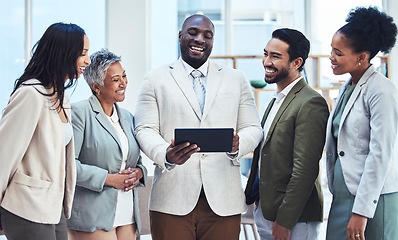 Image showing Business people, black man or meeting with tablet for meme content or funny comedy on social media. Leadership, team building or happy manager with employees laughing or bonding together in an office