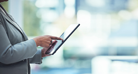 Image showing Tablet, business woman hands and accounting search in office for corporate tax data and mockup. Financial analyst, compliance research and fintech analytics of a female employee working with mock up