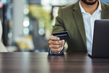 Image showing Ecommerce, credit card and hands of businessman with laptop for online banking, payment and fintech. Digital finance, stock market and male with computer for business budget, investment and savings