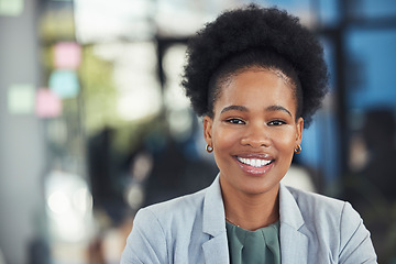 Image showing Portrait, business and smile of black woman in office ready for company goals in workplace. Ceo, boss and face of happy female entrepreneur from Nigeria with vision, mission and success mindset.