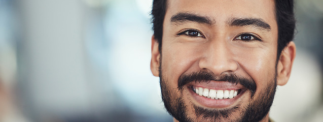 Image showing Business man, face and happy in portrait with success, professional mission and mindset outdoor in city. Mockup space, headshot and smile with career, job achievement and goals, leadership in India