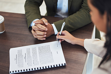 Image showing Interview, office and woman signing a document after a corporate job recruitment with human resources. Paperwork, signature and professional female writing on a business company document in workplace