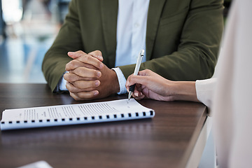 Image showing Meeting, office and woman signing a contract after a corporate job interview with human resources. Paperwork, signature and professional female writing on a business company document in the workplace