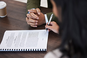 Image showing Deal, writing and contract with hands of people signature on documents for partnership, b2b and agreement. Lawyer, financial advisor and consulting with man and woman in meeting for legal review