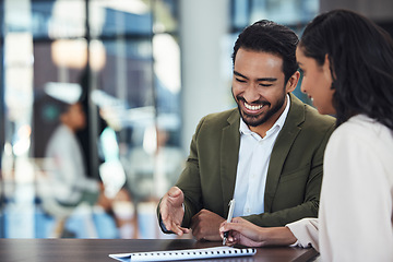 Image showing Teamwork, documents and business people writing in office for sales project in workplace. Cooperation, collaboration and happy manager or mentor training woman with paperwork research and planning.