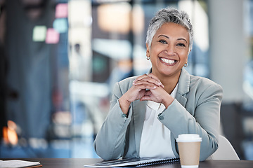 Image showing Smile, executive and portrait of a woman in business for working, success and goals. Corporate, happy and mature office employee sitting at a desk to start work in the morning at a legal company