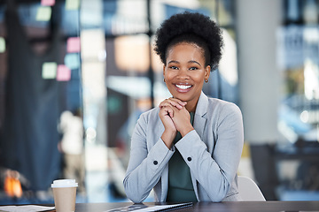 Image showing Office portrait and happy black woman for career goals, planning workflow or startup business. Face of professional employee or african corporate person with a smile for success and leadership