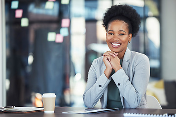 Image showing Happy black woman in office portrait for career goals, planning workflow or startup business. Face of professional employee or african corporate person with success management and leadership