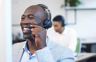 Image showing Consultant, call center and black man with a smile from business, contact us and telemarketing. Office, crm consulting and happy web support employee working on a customer service consultation