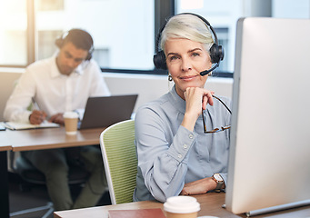 Image showing Face of call center woman, telemarketing agent or consultant with technical support, ecommerce focus and solution. Telecom, crm communication and manager, boss or senior person portrait on computer