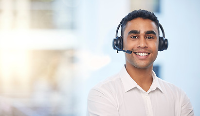 Image showing Call center, mockup and happy with portrait of man for customer support, telemarketing and communications. Consulting, smile and sales with face of consultant for help desk, advisory and crm