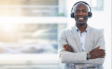 Image showing Call center, mockup and smile with portrait of black man for customer support, telemarketing and communications. Consulting, happy and sales with employee in office for help desk, advisory and crm