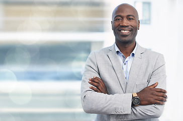 Image showing Smile, leadership and portrait of black man, confident ceo with mockup and blurred background. Vision, future and proud businessman, leaderin growth and development of business in corporate Africa.