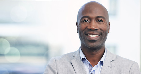 Image showing Confidence, leadership and portrait of black man, startup ceo in mockup and blurred background. Vision, future and proud businessman, leaderin growth and development of business in corporate Africa