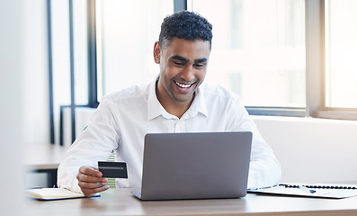 Image showing Computer, credit card and sale of business man doing corporate banking budget work. Office, savings information and loan of a insurance web agent employee working with company finance payment