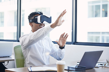 Image showing Man, office and glasses for vr with laptop for game, learning or esport with smile, happiness and fun on lunch break. Businessman, augmented reality goggles and online gaming for metaverse experience