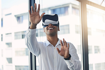 Image showing VR, ai and businessman with a headset for a metaverse, digital planning and 3d innovation. Futuristic, gesture and employee with glasses for cyber marketing, virtual reality idea and creativity